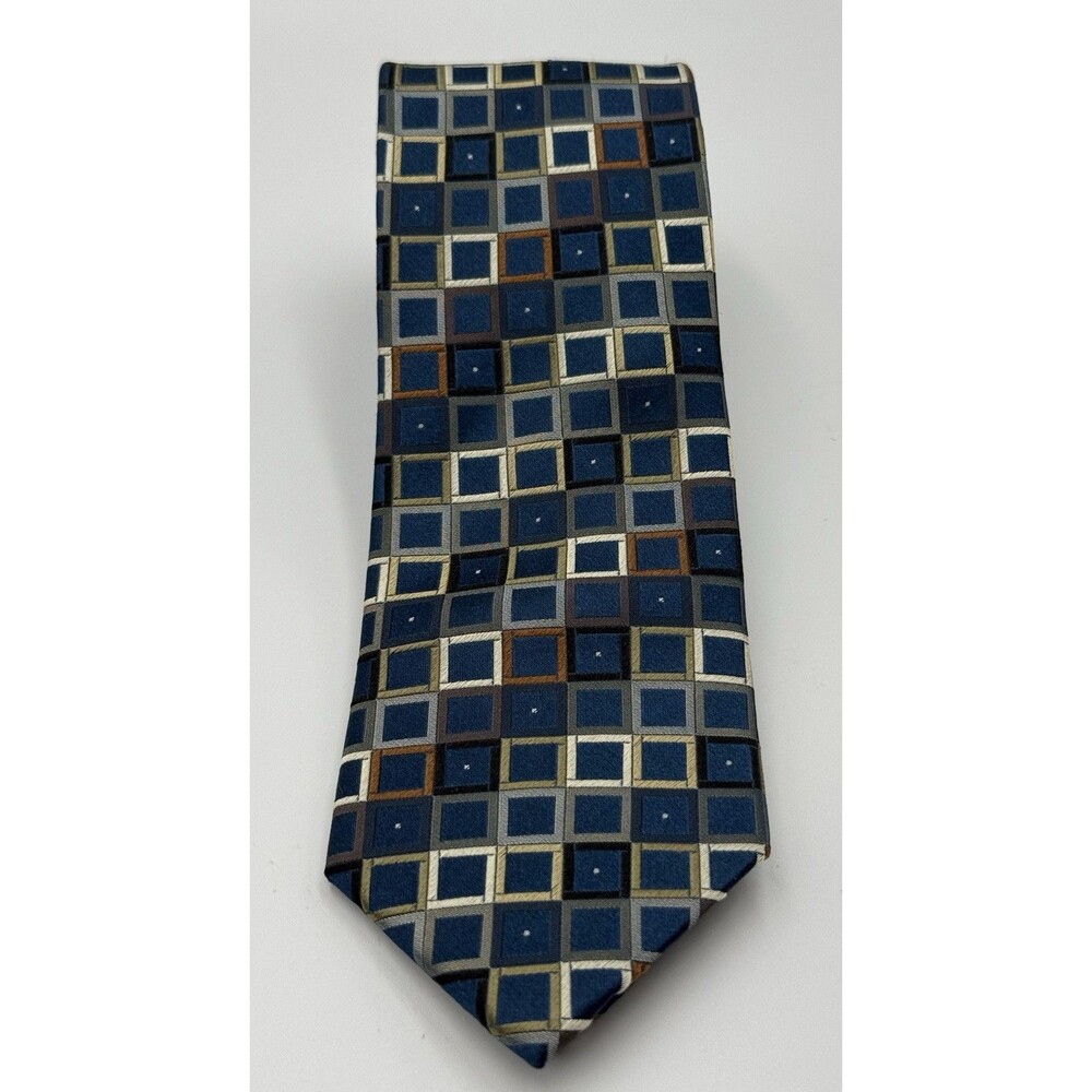 Men's New Geometric Patterned Silk Necktie by Peacock Navy Blue Gray & Brown